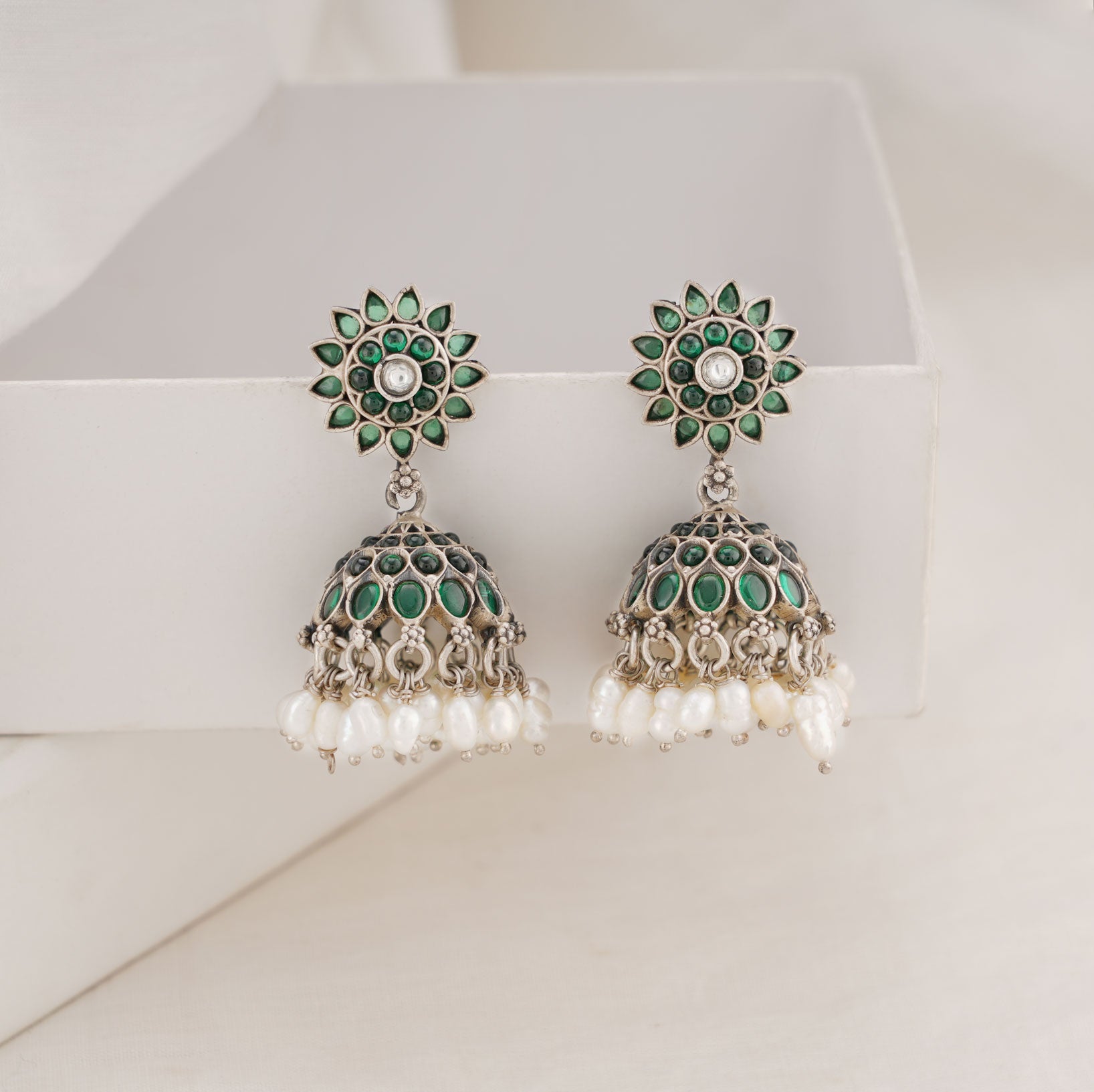 Oxidised Silver Balls &flower Jhumka Earrings For Girls And Womens - Silver  Palace
